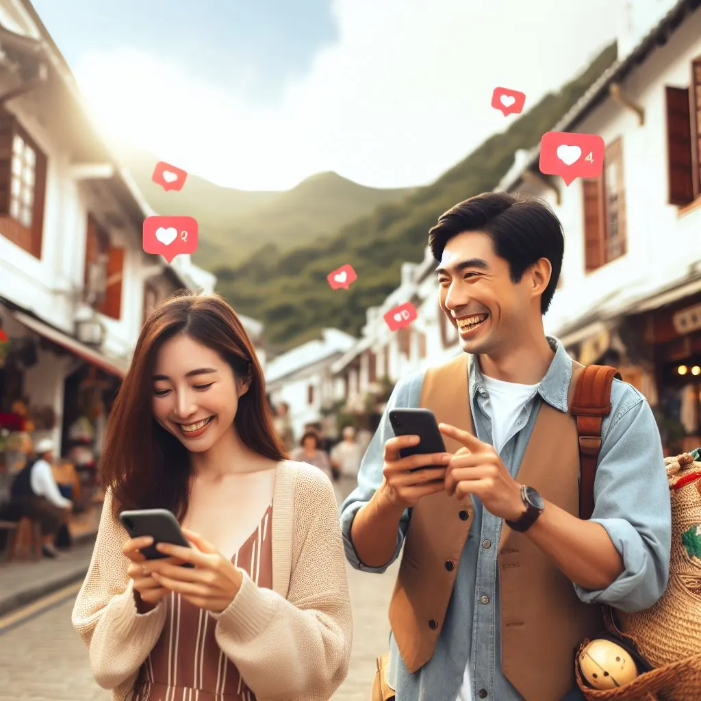 A couple enjoys a weekend getaway, exploring a picturesque town. The boyfriend's heart swells with happiness as he receives a message from his girlfriend.