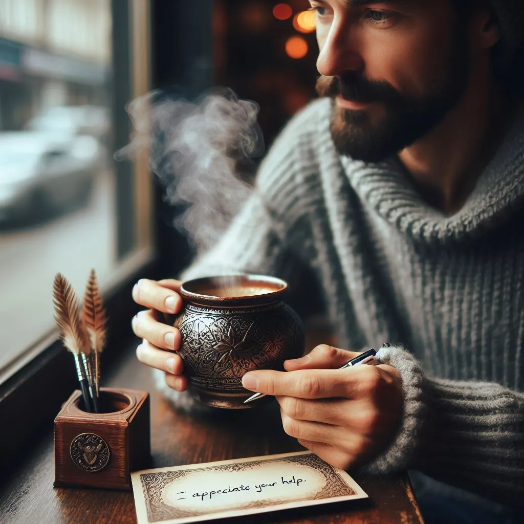 A person in a cozy coffee shop holds a coffee mug with steam rising. Beside it, a note expresses gratitude for help, contemplating "another way to say I appreciate your help.