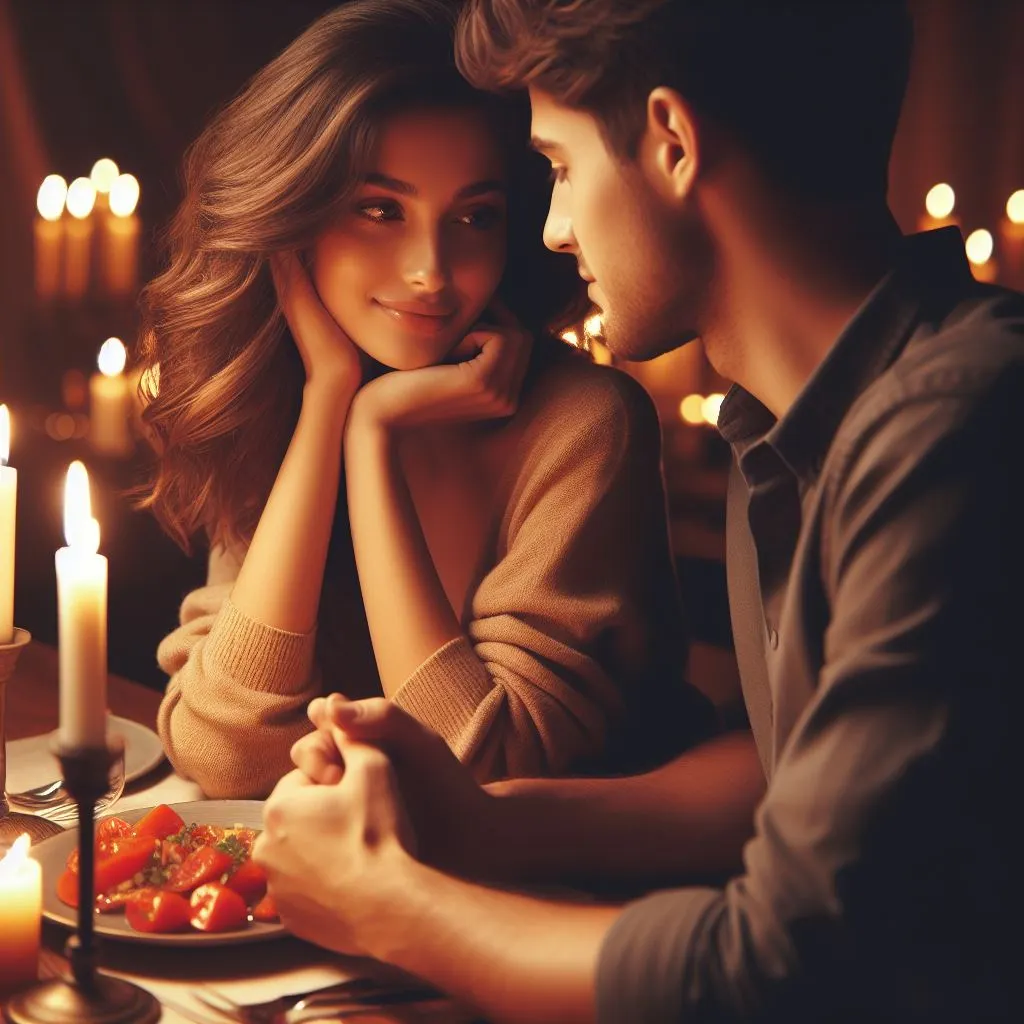 A couple enjoys an intimate candlelit dinner, with the boyfriend expressing his love with an "Is There Another Way to Say 'I Love You So Much'?" declaration across the table.