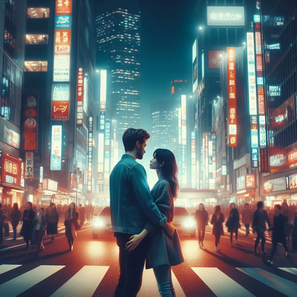 A couple stands on a bustling city street at night, surrounded by neon lights and traffic. The man whispers "I love you" to his girlfriend, sparking thoughts on "Is there another way of saying I love you?