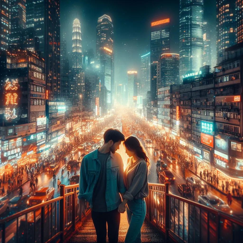 A couple walks hand in hand through a bustling cityscape at night, with the boyfriend expressing his love with an "Is There Another Way to Say 'I Love You So Much'?" whisper amidst the urban hustle.