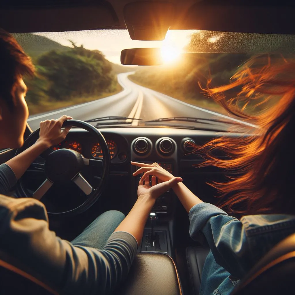 A couple drives down a winding country road, the man says "I love you" to his girlfriend. Thoughts arise on "Is there another way of saying I love you?