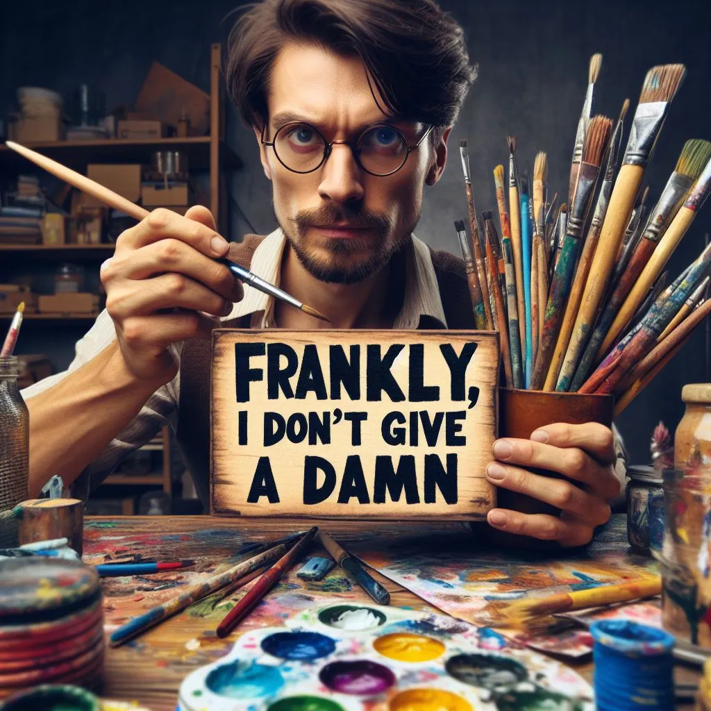 A 35-year-old immersed in their creative passion, surrounded by art supplies or musical instruments. With a determined expression, they declare, "Frankly, I don’t give a damn," signifying their dedication to their craft amidst external judgment.