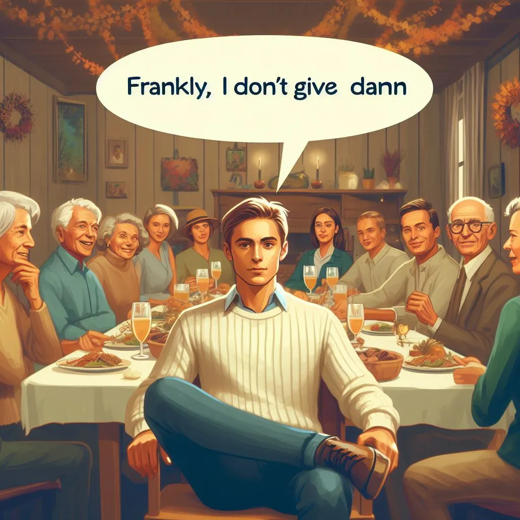 A person sits among family members during a warm family gathering, sharing stories and laughter. They calmly express the phrase, "Frankly, I don’t give a damn," reflecting their commitment to living authentically amidst familial expectations.