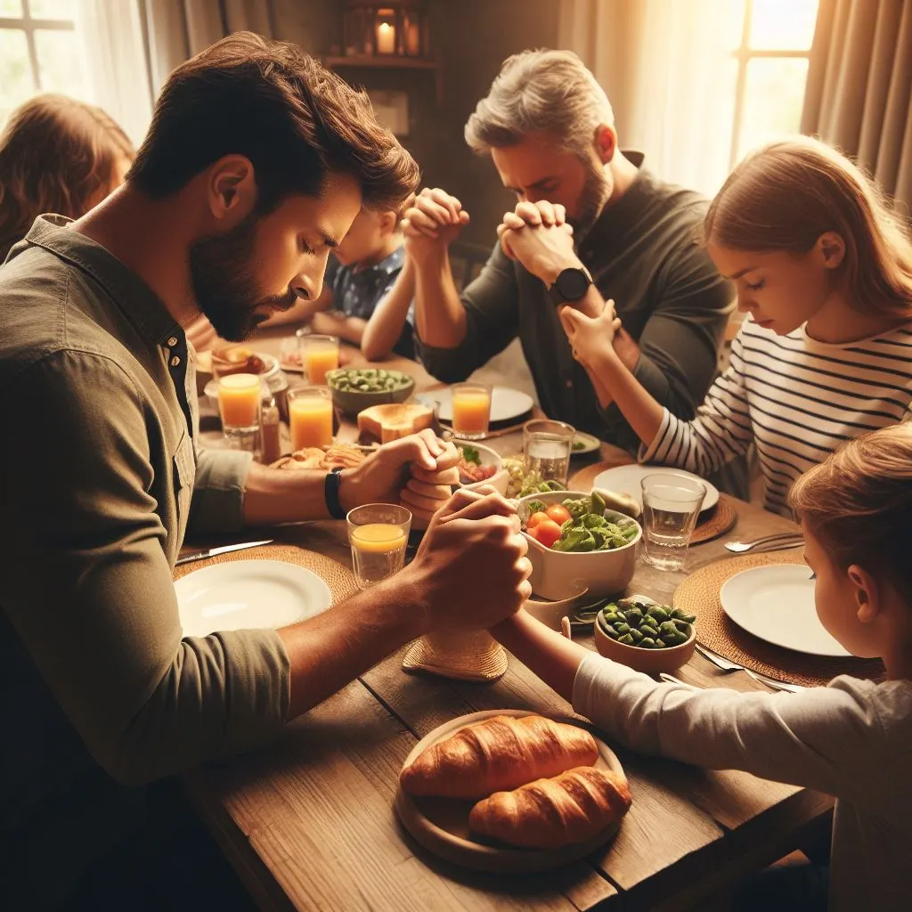 A 35-year-old man gathers with his loved ones around the dinner table, holding hands in prayer. They seek strength together, saying, "God, give us the wisdom to navigate life's twists and turns.