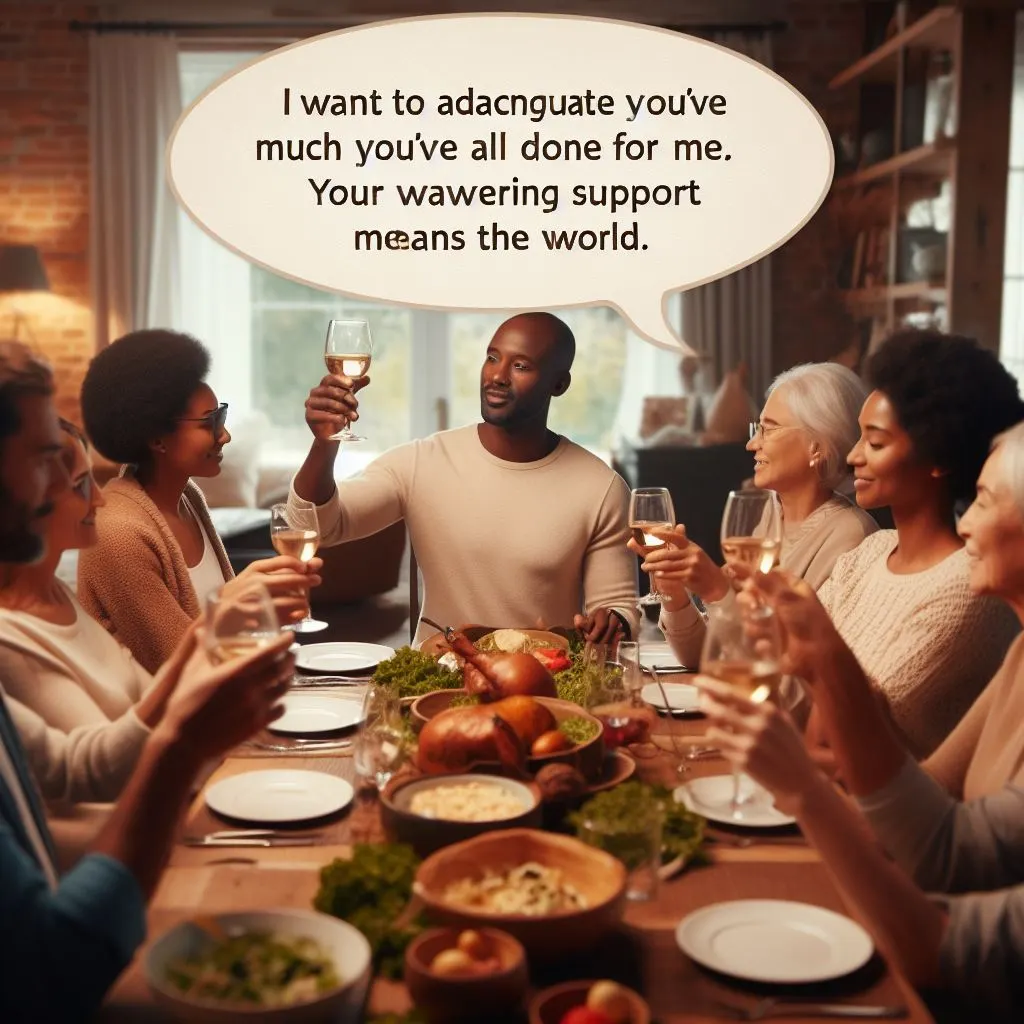 A person sits at the head of a family dinner table, expressing gratitude to loved ones for their support, seeking "Another Way to Say I Appreciate Your Help.