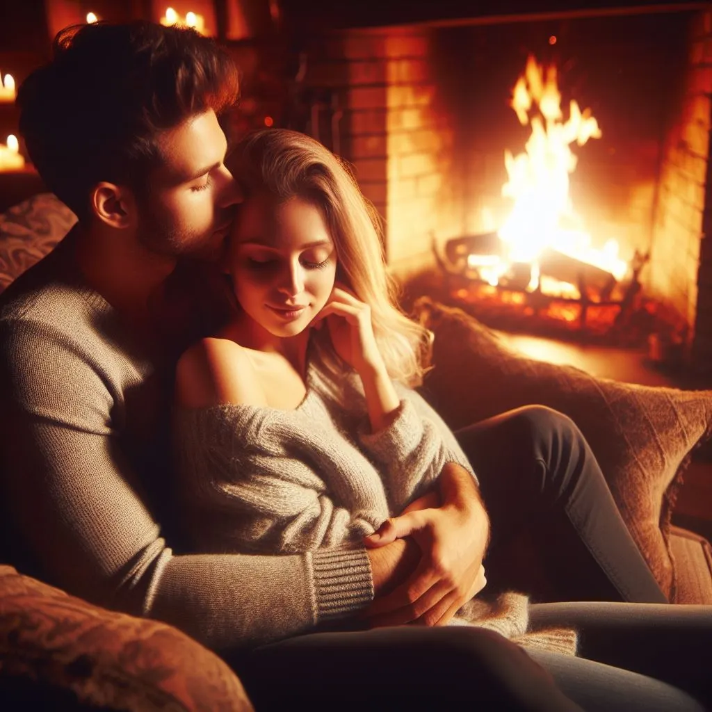A couple cuddles on a plush sofa by a crackling fireplace. The man whispers "I love you" to his girlfriend, sparking thoughts on "Is there another way of saying I love you?