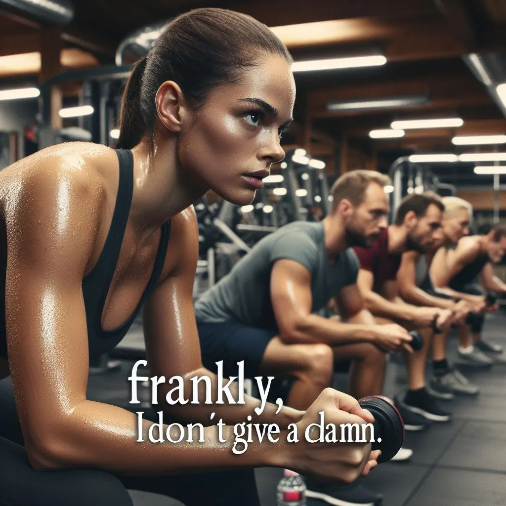 A determined individual works out in a gym, surrounded by exercise equipment and fellow gym-goers. They sweat as they push through a challenging workout, embodying the quote, "Frankly, I don’t give a damn," in their fitness journey.