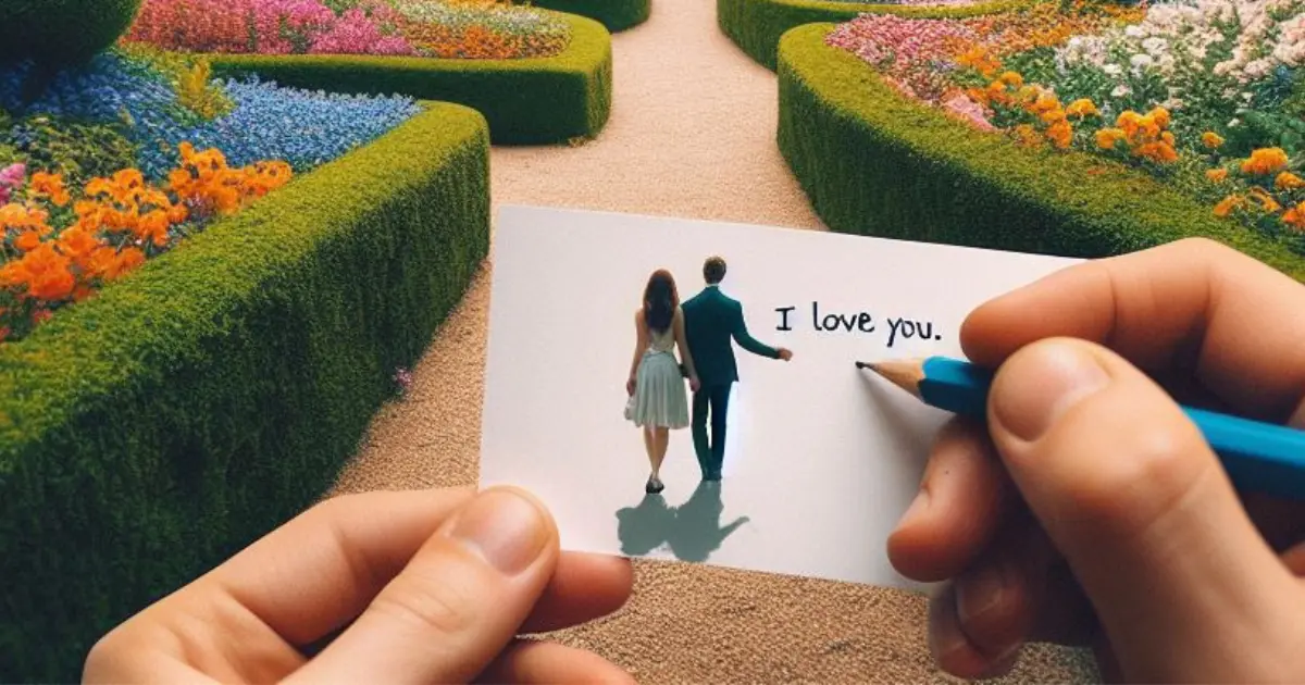 A couple wanders hand in hand through a lush garden filled with vibrant blooms. The boyfriend whispers "Is There Another Way to Say 'I Love You So Much'?" amidst the fragrant blossoms.