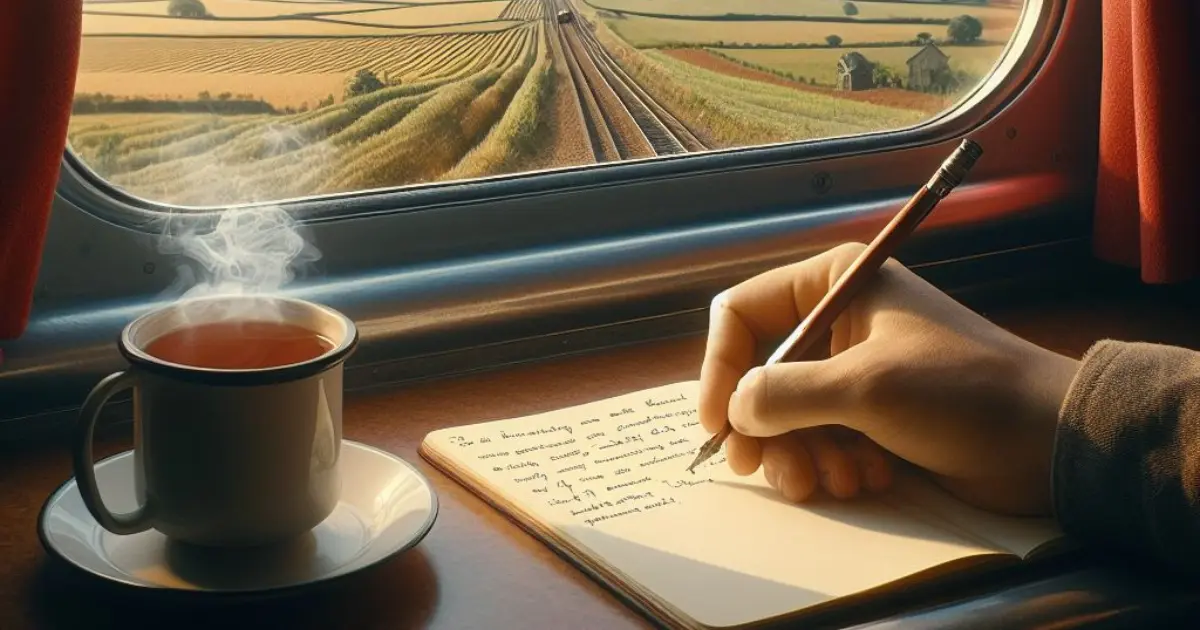 A 35-year-old traveler sits in a train compartment, journal in hand, reflecting on their adventures, considering "what is another way to say in conclusion" as they near the end of their entry.
