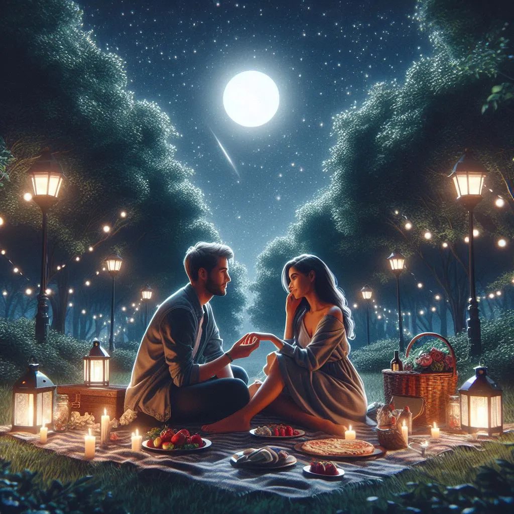 A couple enjoys a romantic picnic under the moonlight in a secluded park, with the boyfriend expressing his love with an "Is There Another Way to Say 'I Love You So Much'?" declaration under the starlit sky.