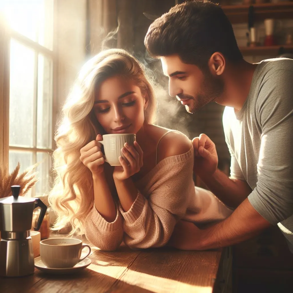 A couple sits in their cozy kitchen, bathed in morning sunlight. The man whispers "I love you" to his girlfriend, prompting thoughts on "Is there another way of saying I love you?"