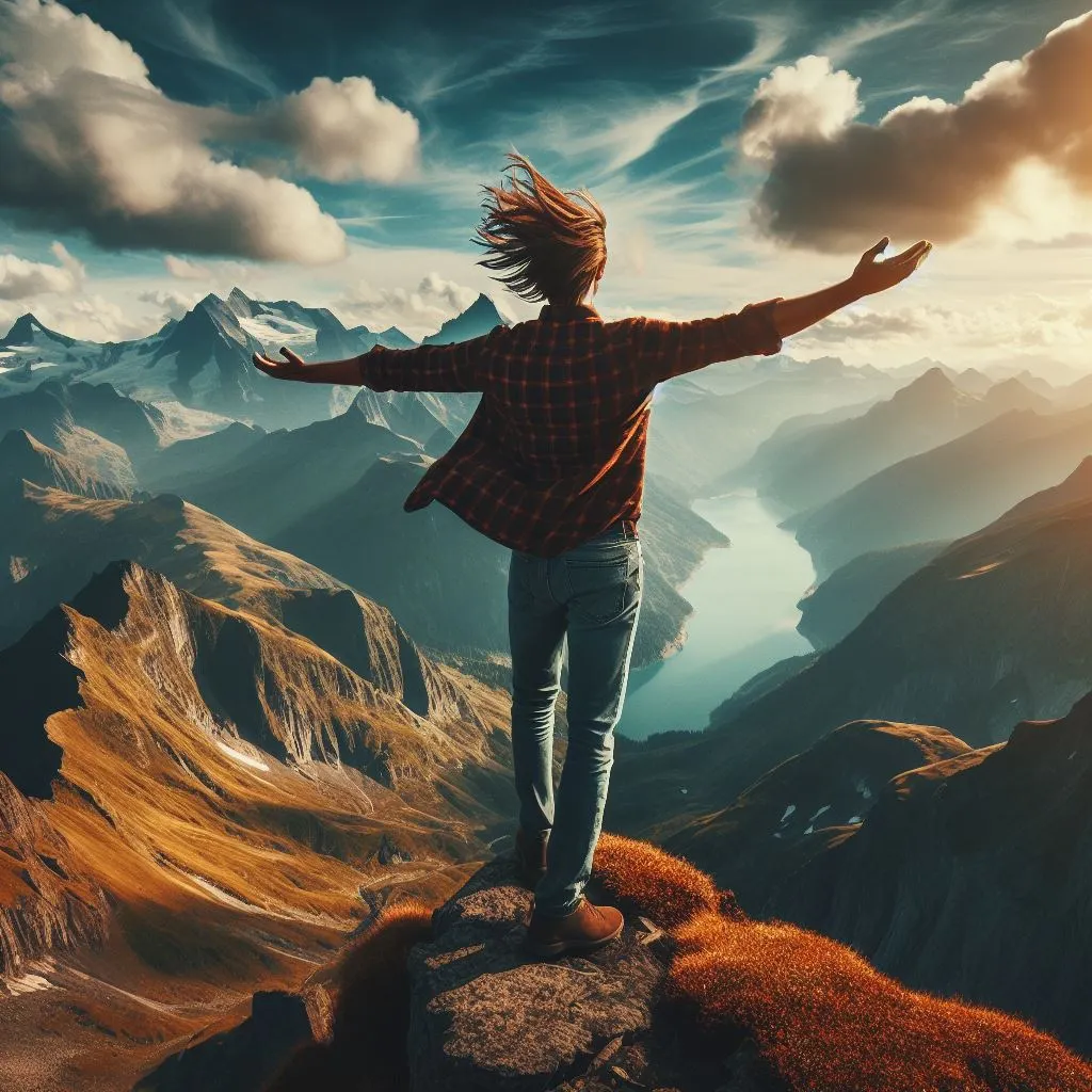 An individual stands atop a breathtaking mountain peak, surrounded by panoramic views of nature's beauty. With the wind in their hair, they confidently declare, "My dear, I don’t give a damn," embracing the freedom of their travel adventures.