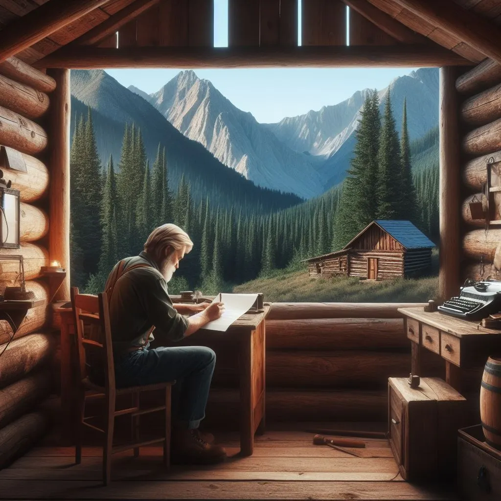 A 35-year-old writer sitting at a wooden desk in a secluded cabin in the mountains, choosing "what is another way to say in conclusion" for their philosophical essay on the meaning of life.