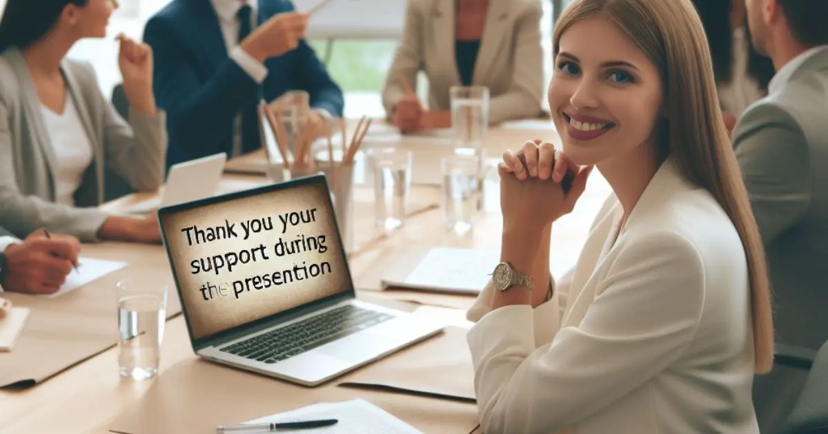 A person sits at a desk in a modern office, expressing gratitude to colleagues for their support during a presentation, seeking "Another Way to Say I Appreciate Your Help.