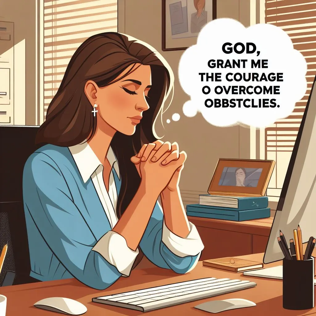 A 35-year-old woman takes a moment of respite in her office, eyes closed and hands folded in prayer. She seeks guidance from above amidst the demands of the workday, whispering, "God, grant me the courage to overcome obstacles.