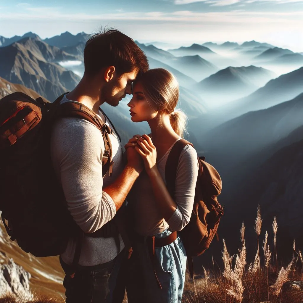 A couple treks across rugged mountain terrain, with the boyfriend expressing his love with an "Is There Another Way to Say 'I Love You So Much'?" declaration at the peak.