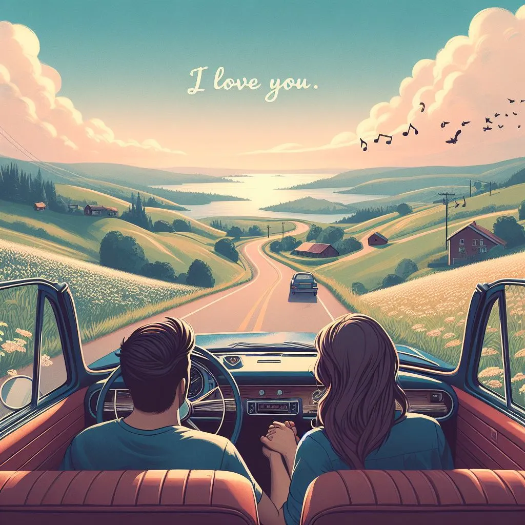 The couple enjoys a scenic drive through picturesque countryside, with the boyfriend expressing his love with an "Is There Another Way to Say 'I Love You So Much'?" declaration.