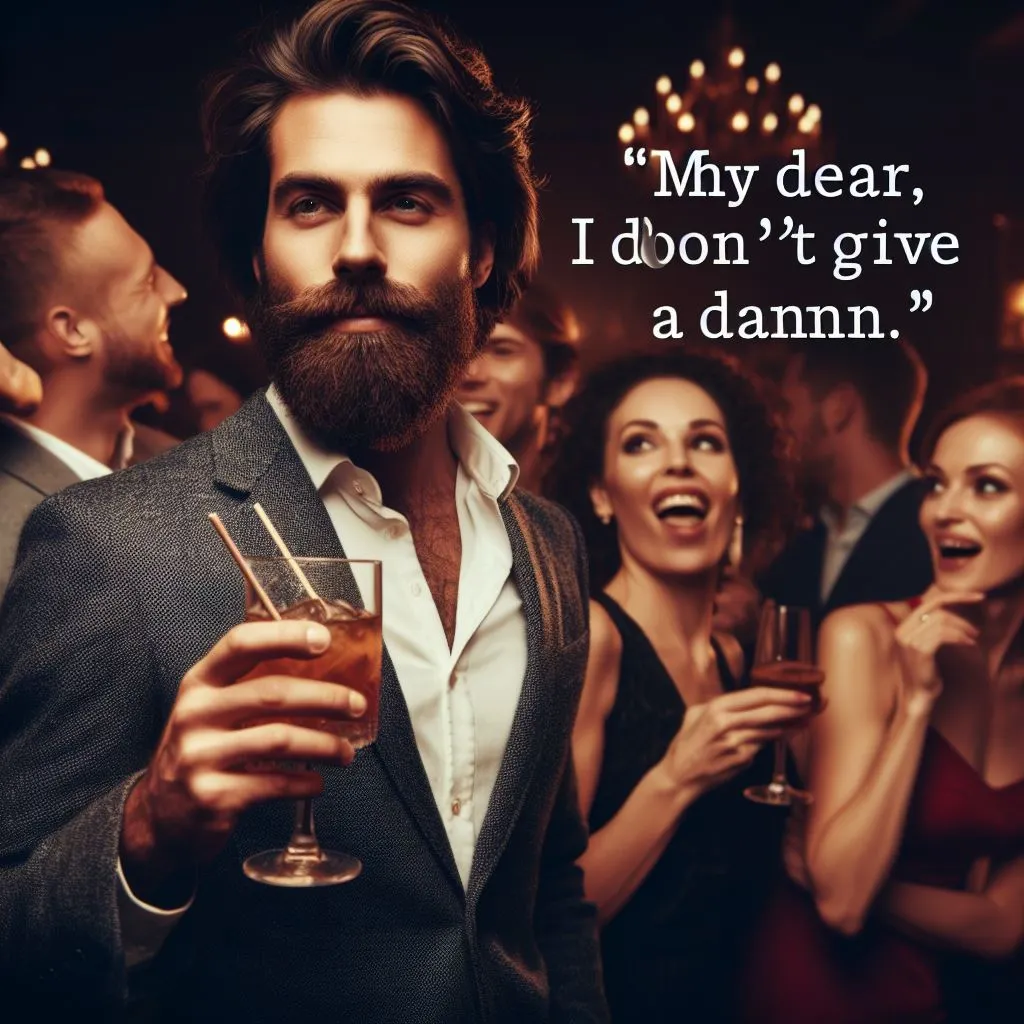 A 35-year-old confidently navigates a lively social event, holding a drink and engaging with friends. They casually utter the phrase, "My dear, I don't give a damn," in response to gossip or drama.
