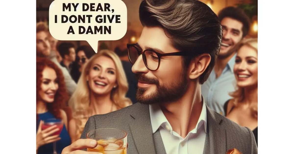 A confident 35-year-old holds a drink at a lively social event, casually quoting "Frankly, my dear, I don’t give a damn" amidst the crowd's chatter.