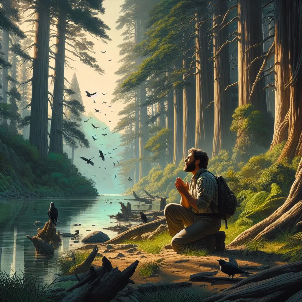 A 35-year-old vintage guy kneels by way of a tranquil lake, surrounded by the aid of towering timber and making songbirds. His eyes closed in quiet contemplation as he seeks solace in nature, murmuring, "God Give Me Strength To Accept The Things I Cannot Change.
