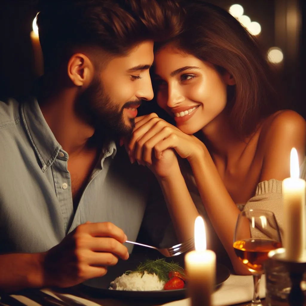 A couple shares a romantic meal under the stars, with the boyfriend expressing his love with an "Is There Another Way to Say 'I Love You So Much'?" declaration across the table.