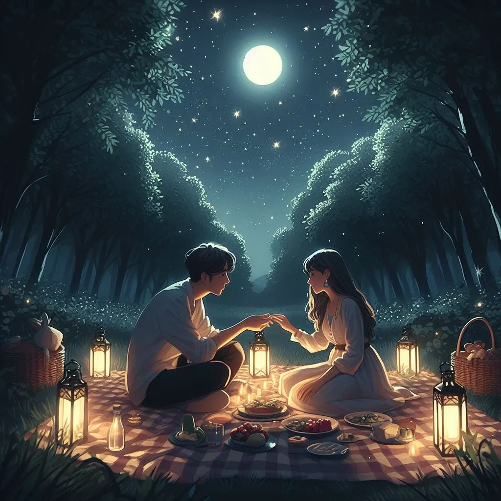 A couple enjoys a romantic picnic under the starry sky in a serene park, with the boyfriend expressing his love with an "Is There Another Way to Say 'I Love You So Much'?" declaration while holding hands.