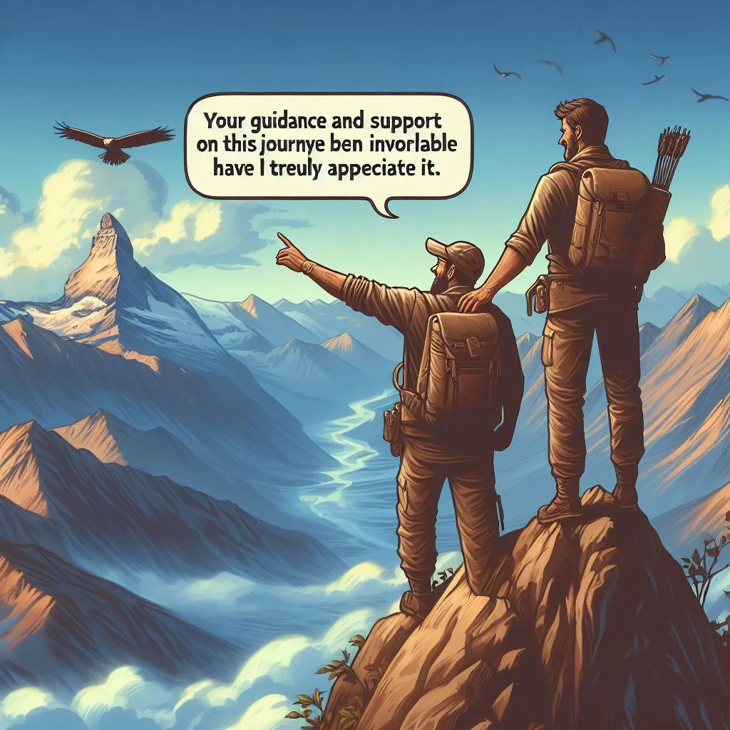 A person stands on a mountain peak, expressing gratitude to a fellow adventurer for their guidance and support, seeking "Another Way to Say I Appreciate Your Help.