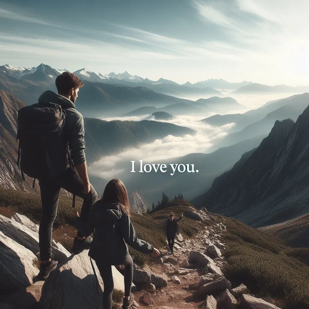 A couple conquers a rugged mountain summit, with the boyfriend expressing his love with an "Is There Another Way to Say 'I Love You So Much'?" declaration amidst breathtaking vistas.