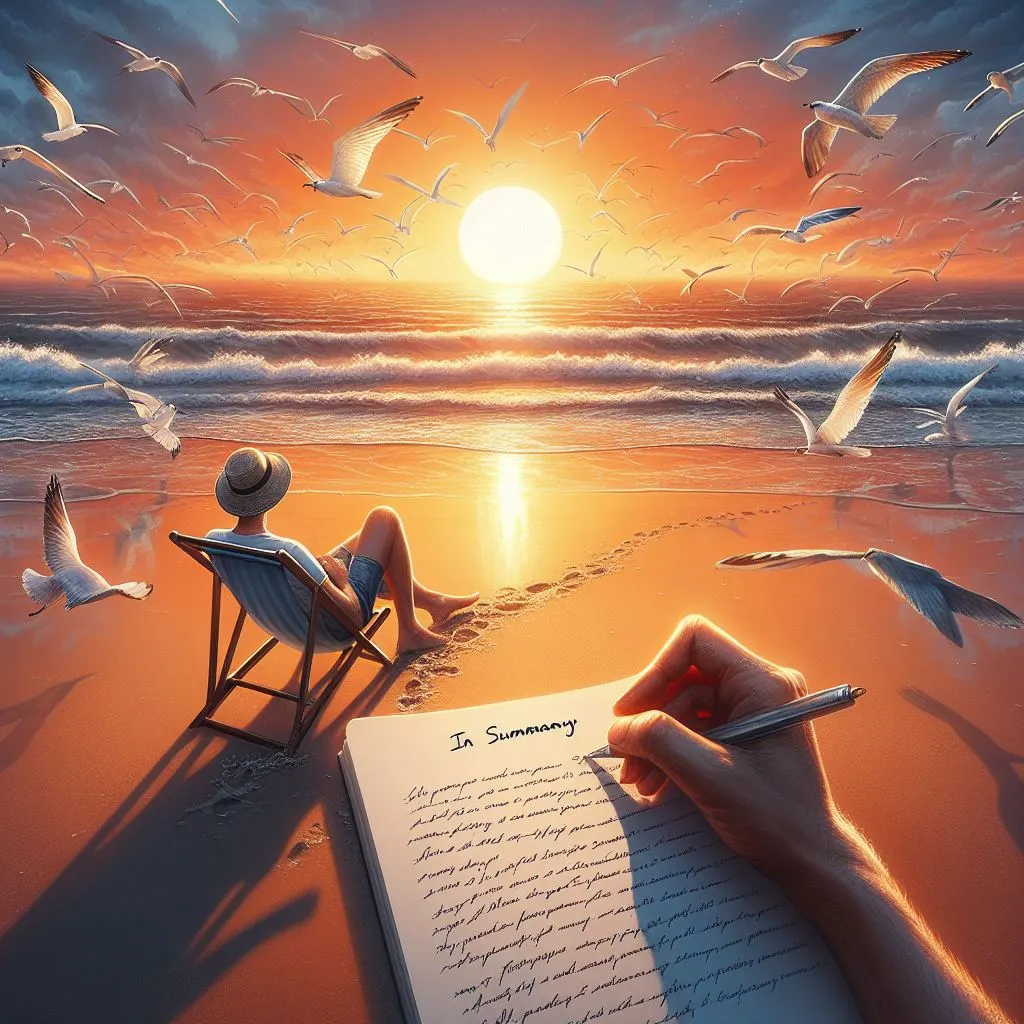 A 35-year-old writer sitting in a beach chair on a serene beach at sunset, jotting down "what is another way to say in conclusion" in their notebook as they compose a reflective piece.