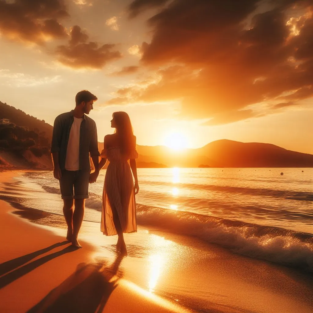 A couple, both 35, strolls hand in hand along a tranquil beach at sunset, with the boyfriend expressing his love with an "Is There Another Way to Say 'I Love You So Much'?" whisper.