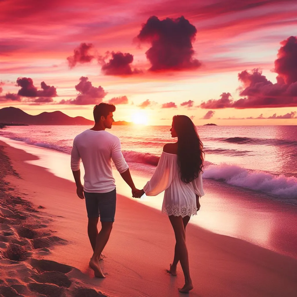 A couple walks hand in hand along the sandy shore at sunset. The man expresses his love, prompting thoughts on "Is there another way of saying I love you?"