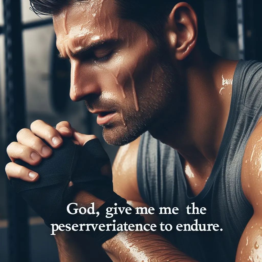 A man pauses in his exercising ordinary, sweat glistening on his brow. He finds inner power via prayer, saying, "God Give Me Strength To Accept The Things I Cannot Change.
