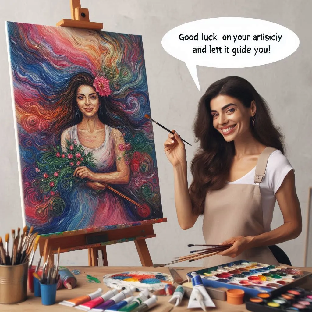 A 35-year-old woman sits at an easel, surrounded by paintbrushes and tubes of paint, as a vibrant masterpiece takes shape on the canvas before her. She smiles contently, gesturing toward her artwork with pride and offering encouragement for fellow artists.