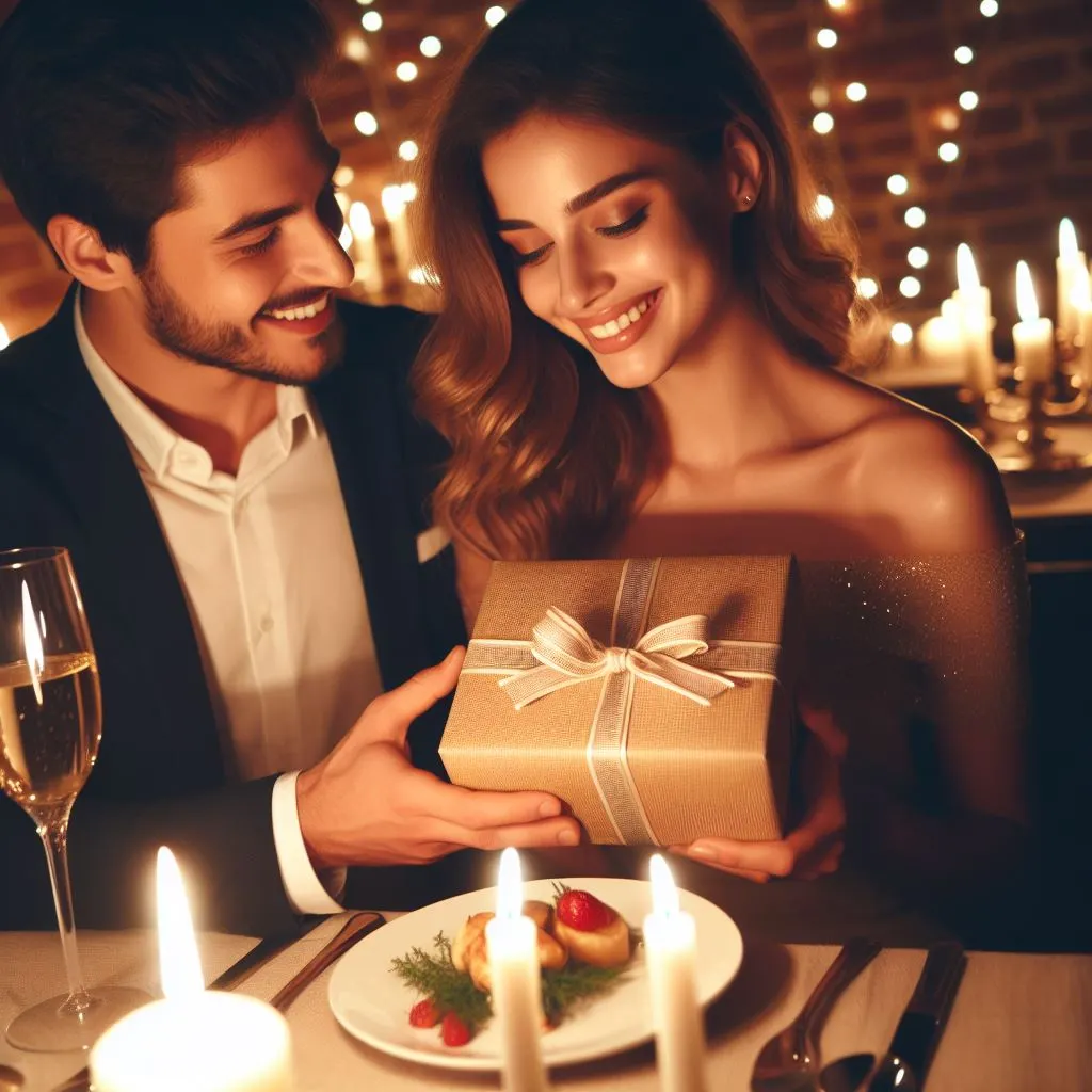 A couple enjoys a cozy candlelit dinner at a fancy restaurant. The boyfriend presents a beautifully wrapped gift to his girlfriend, who smiles with delight as she opens it. In the flickering candlelight, he softly murmurs "Happy Birthday to You" as they toast to another year of love and happiness.