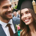 A couple stands amidst a crowd of graduates and families on a university campus. The man smiles proudly at his partner, offering words of encouragement as she prepares to receive her diploma.