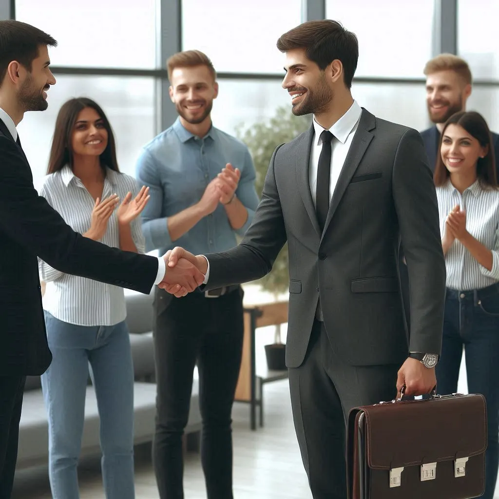 A 35-year-old man in a stylish suit stands in a modern office, surrounded by colleagues. He bids farewell with a handshake and well wishes for their future endeavors.