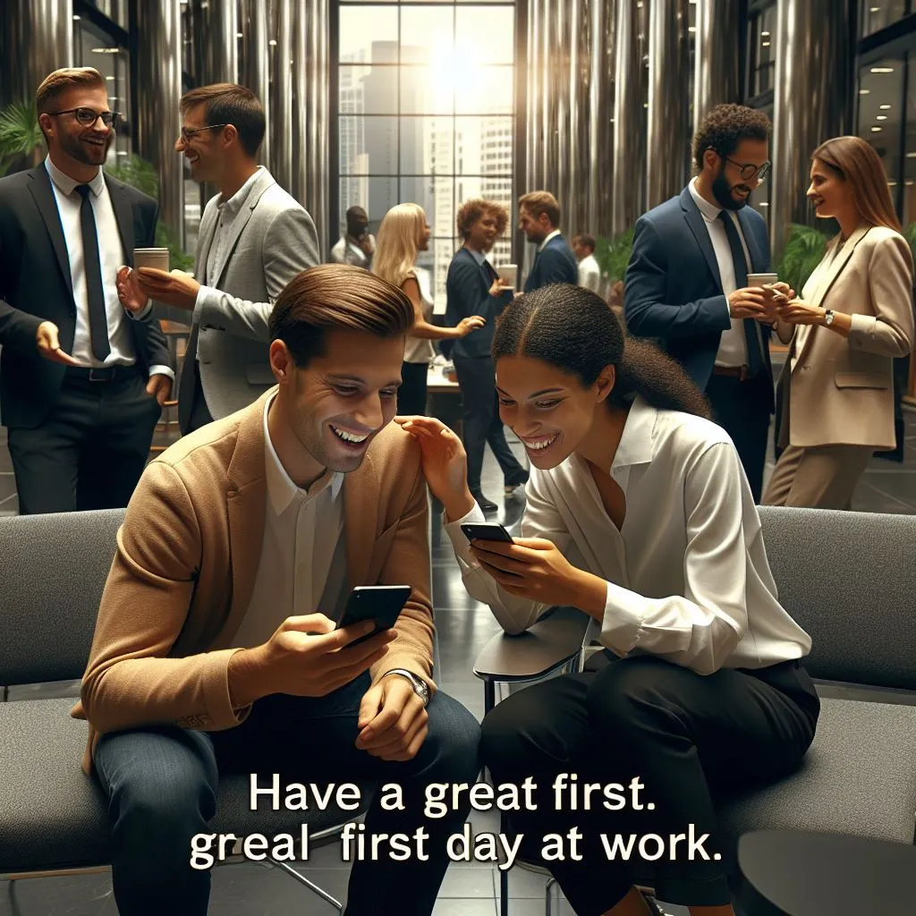 In the midst of a bustling cosmopolitan office, two friends share a moment of camaraderie. One friend, amidst sleek, modern furnishings, reaches for their phone, smiling as they convey, "Wishing you a fantastic first day at work."