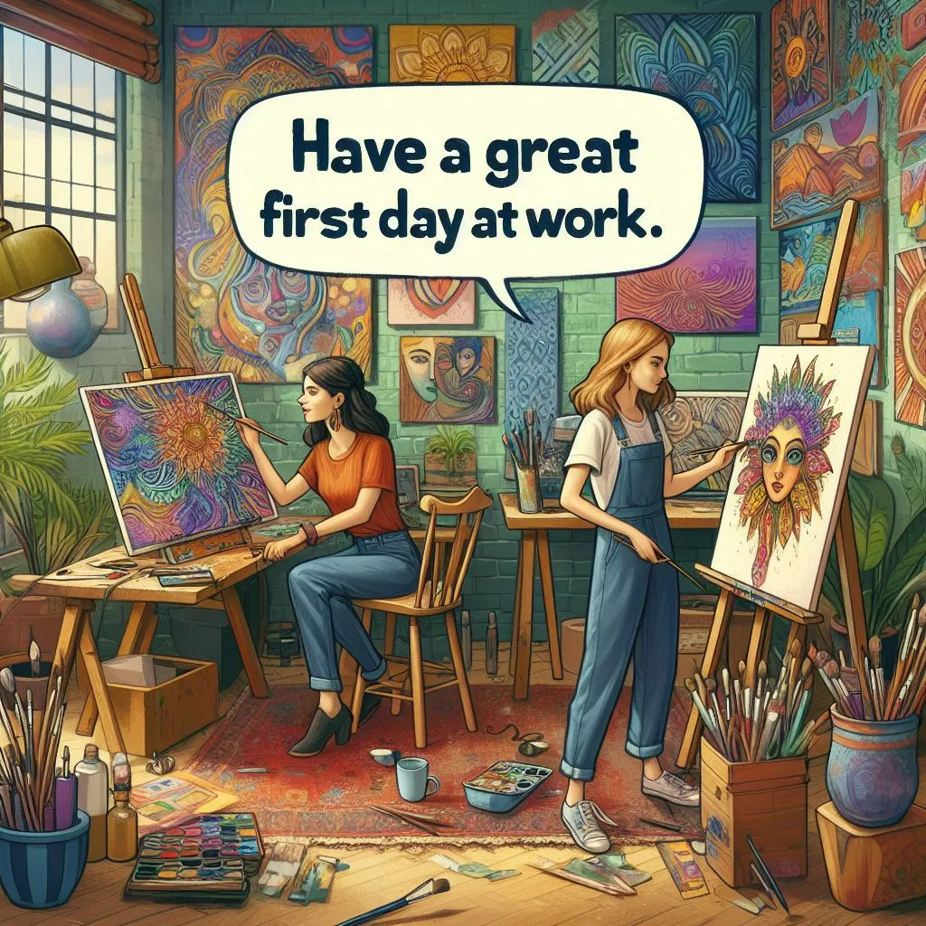 Immersed in their creative workspace, two friends surrounded by vibrant paintings and eclectic decor share warm wishes. One pauses their artistic endeavor to call their companion, saying, "Wishing you a fantastic first day at work."