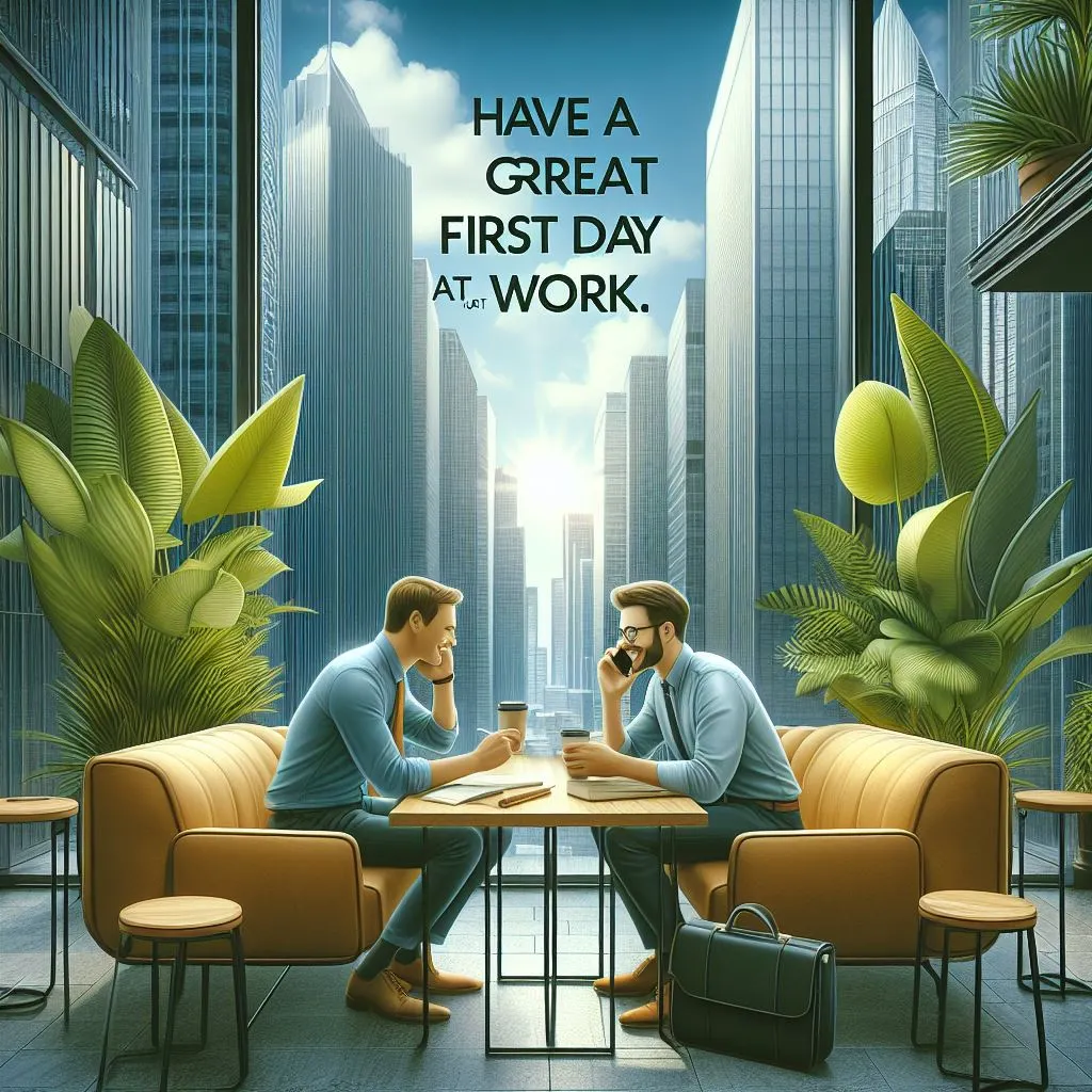 In the heart of the bustling city, amidst towering skyscrapers, two friends find solace in a cozy corner of a modern office. Surrounded by sleek furniture and vibrant greenery, one friend eagerly picks up the phone to call the other, their expression brightening as they utter the words, "Have a great first day at work.