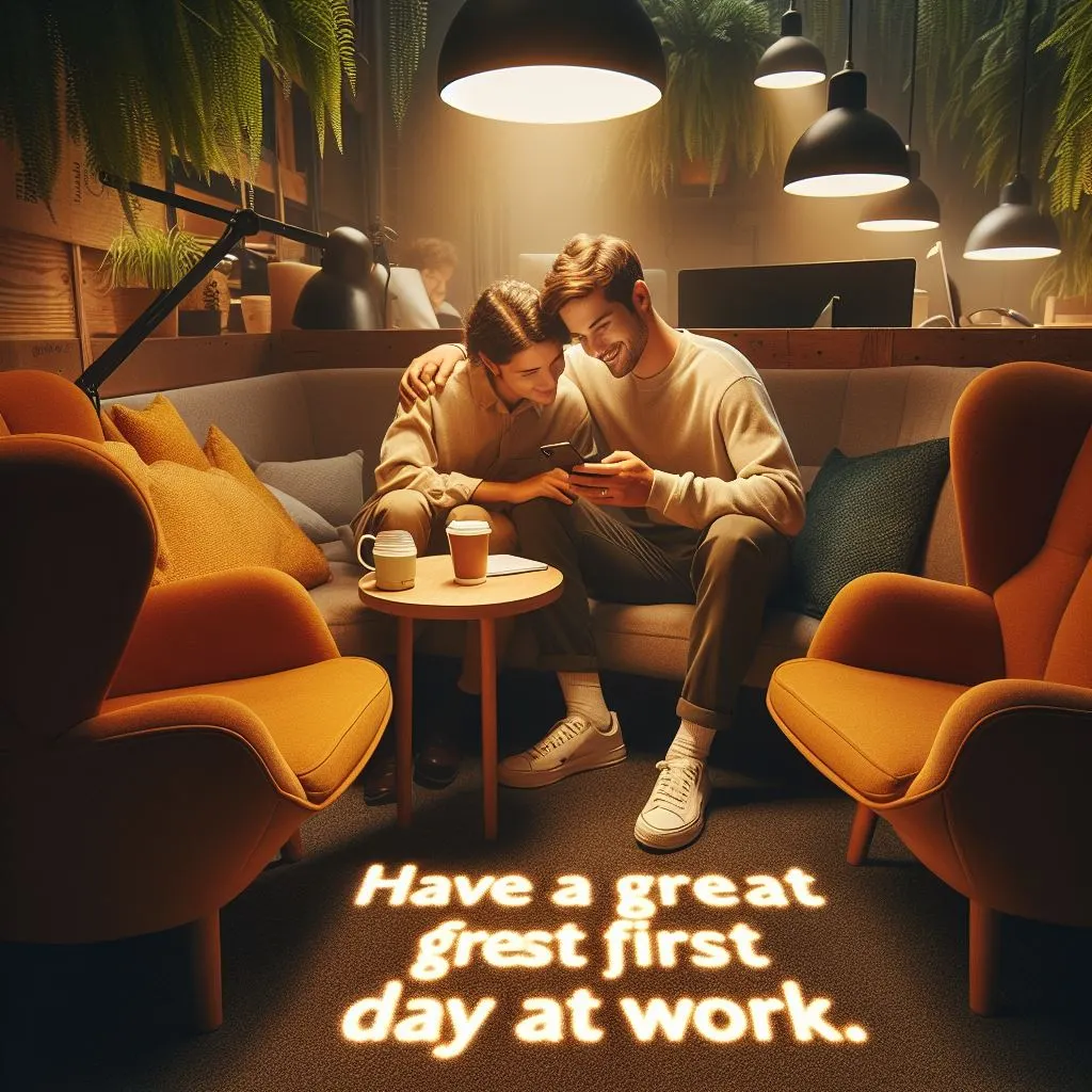 In a cozy corner of their shared office, two friends find solace in plush armchairs and soft lighting. As one friend reaches for their phone, the warmth of the space envelops them, infusing their voice with genuine affection as they express the sentiment, "Wishing you a wonderful start to your work journey."
