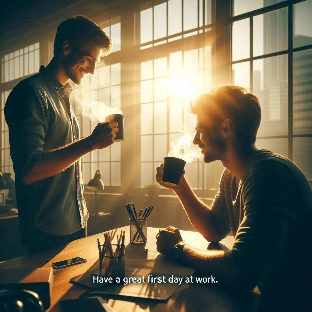 In the warm morning sunlight of their shared office space, two friends connect over coffee, one pausing mid-sip to call their companion, whispering, "Wishing you a great first day at work."