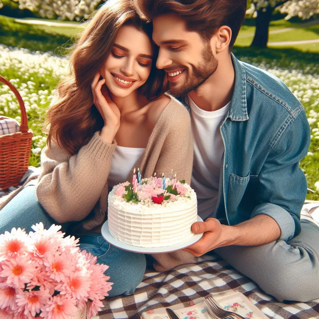 A couple enjoys a romantic picnic in the park on a bright day. The boyfriend tenderly sings "Happy Birthday to You" to his girlfriend as they relax on a checkered blanket surrounded by beautiful flowers.