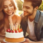 A couple celebrates a birthday with a romantic picnic in the park. The boyfriend sings a heartfelt rendition of "Happy Birthday to You" to his girlfriend, filling the air with love and joy.