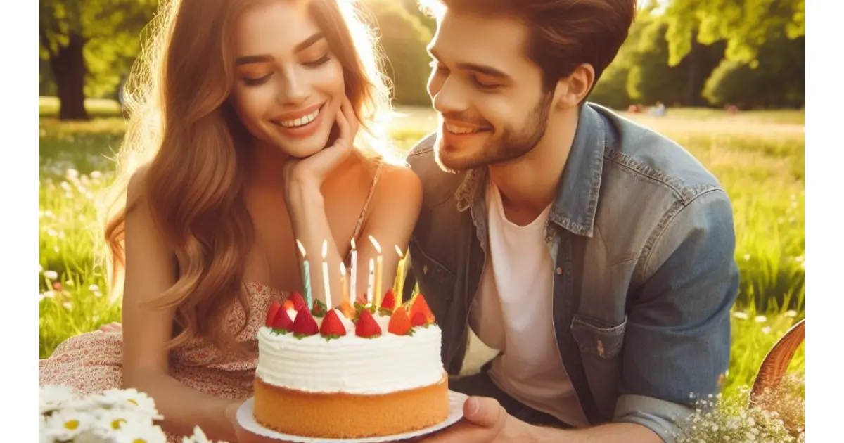 A couple celebrates a birthday with a romantic picnic in the park. The boyfriend sings a heartfelt rendition of "Happy Birthday to You" to his girlfriend, filling the air with love and joy.