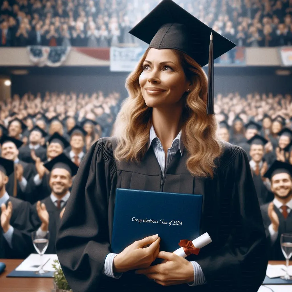 A 35-year-old woman in a cap and gown stands on stage at a graduation ceremony, holding her diploma aloft as the audience applauds. She embodies the spirit of success and wishes her fellow graduates good luck on their future endeavors.
