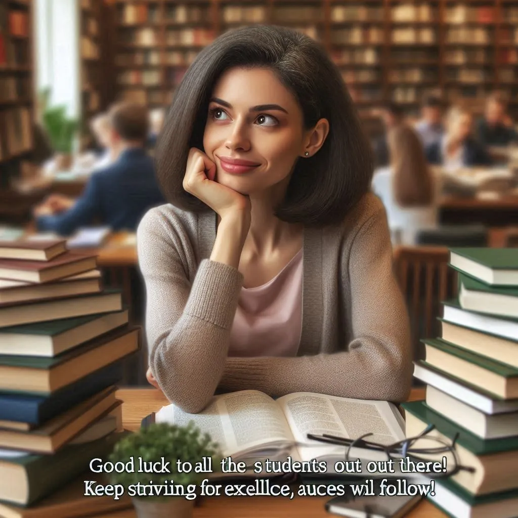A 35-year-old woman sits in a library surrounded by stacks of books and notebooks, studying diligently for an upcoming exam. She looks up from her studies with a smile, offering encouragement to fellow students on their academic journeys.