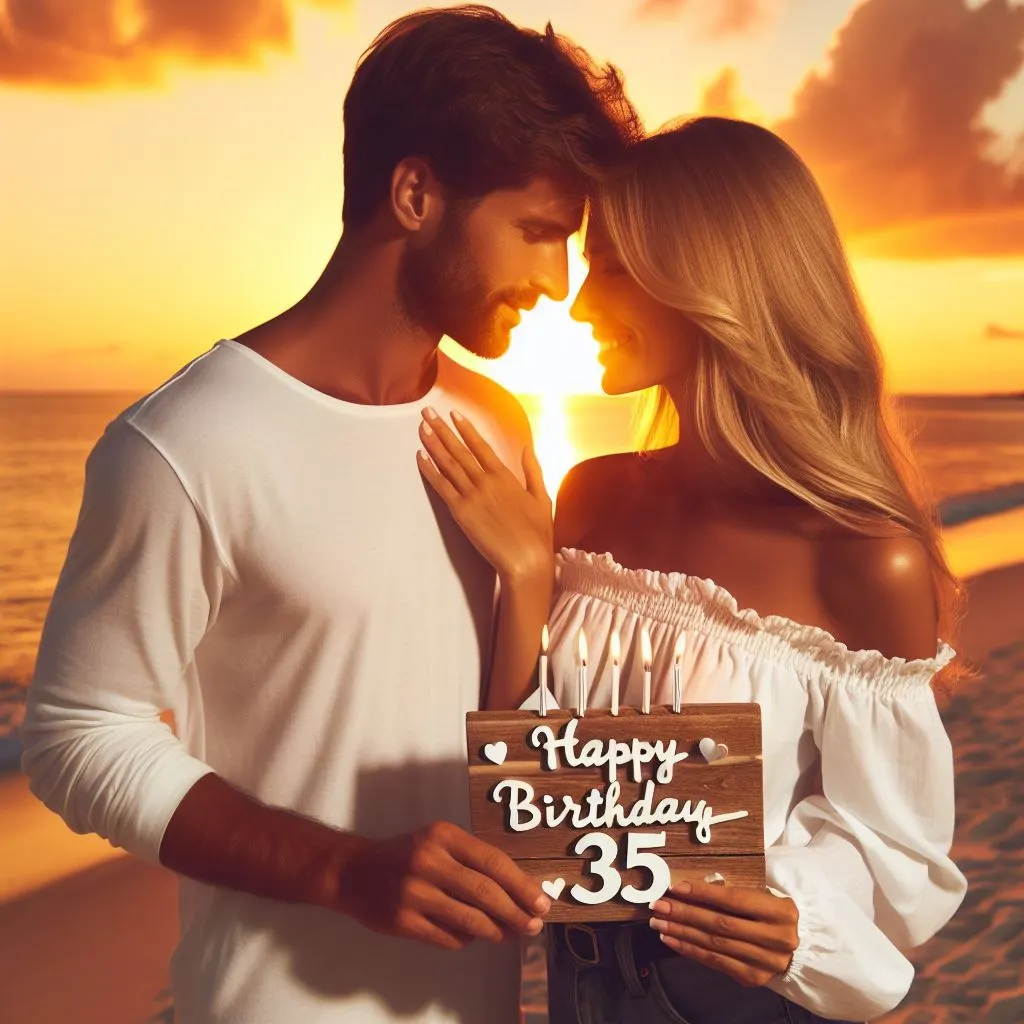 A 35-year-old couple stands hand in hand on the beach, embraced by a breathtaking sunset backdrop. The boyfriend whispers "Happy Birthday to You" into his girlfriend's ear, sharing a tender moment as the golden hues of the setting sun cast a warm glow around them.