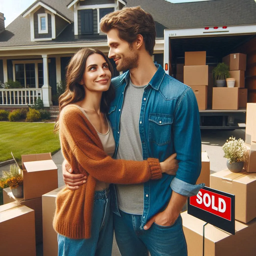 A couple embraces in front of their suburban home, surrounded by packed boxes and a moving truck. The man expresses warm wishes to his partner for her new job transfer, symbolized by the "Sold" sign on the lawn.