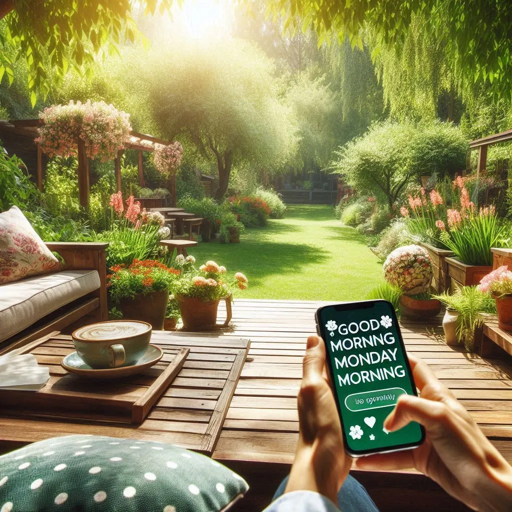 A person enjoys a tranquil morning in their backyard oasis, surrounded by greenery and flowers, with their phone displaying good Monday morning pics from loved ones.